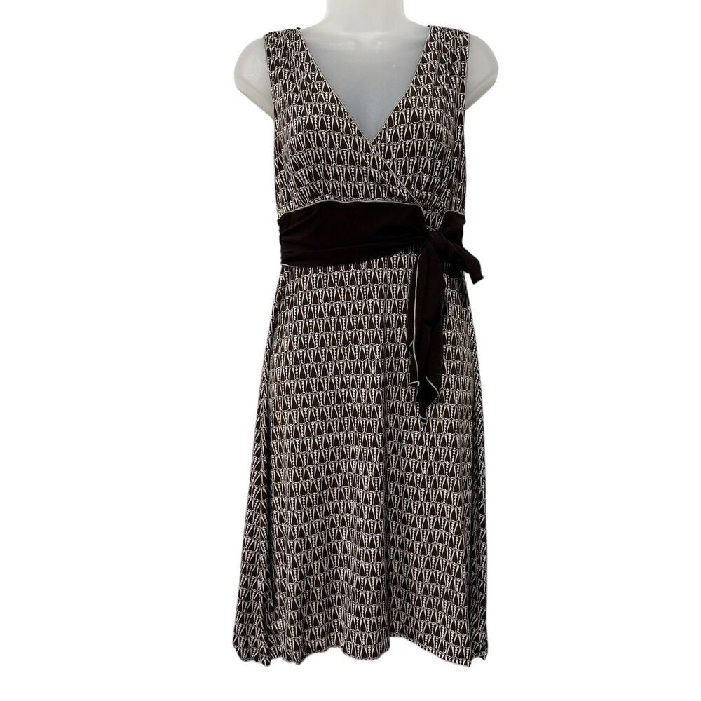 Vintage Max Studio Brown Geometric V Neck Dress XS Sleeveless USA Made